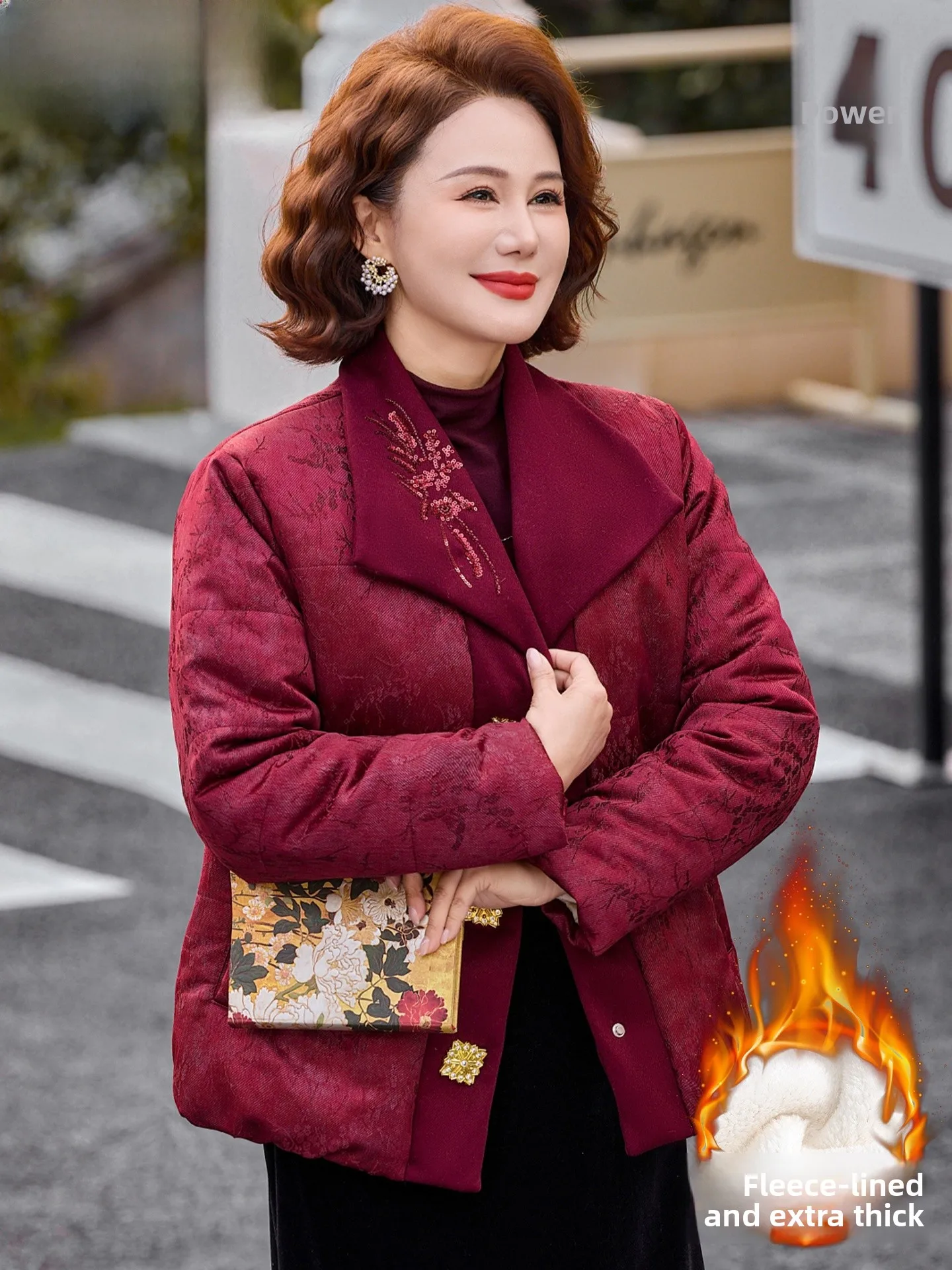 

Red down Cotton Jaet Faionable Middle-Aged And ly Women's Clothing Warmth Polyester Fiber Stand Fit Open Cardigan