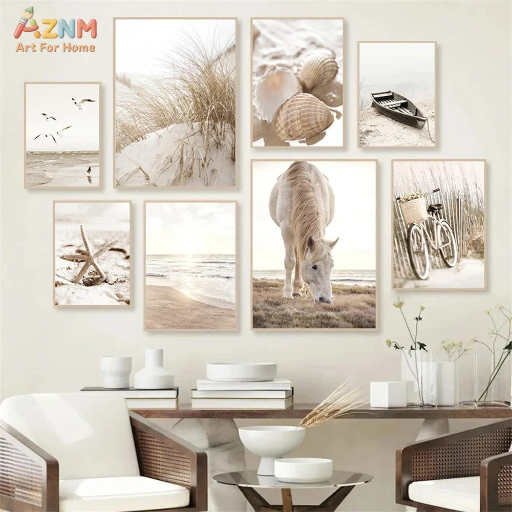 AZNM Neutral Coastal Beach Canvas Wall Art, Beige Sand Dune Starfish Seashell Bicycle Seagull Print, Soft Boho Nautical Poster f