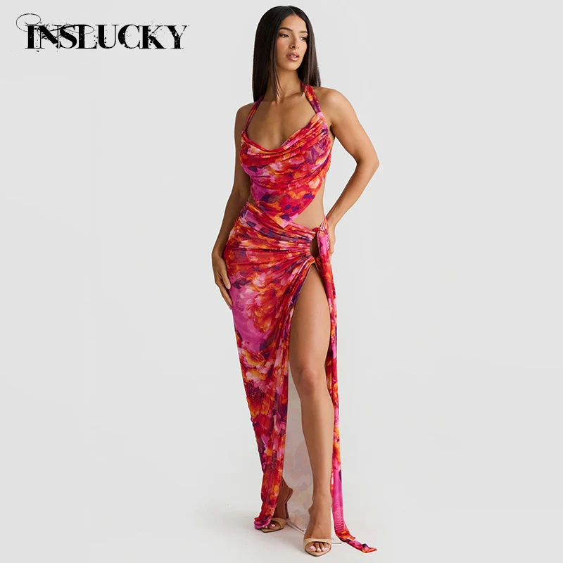 

InsLucky Sexy Red Panelled Print Beach Two Piece Set Women Folds Suit Halter Neck Backless Crop Top Split Bandage Skirts Outfits