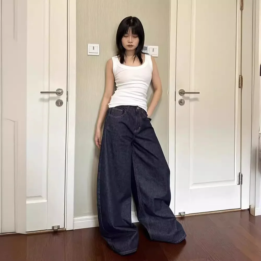 Nuevos pantalones vaqueros de pierna ancha negros americanos para mujer, para otoño e invierno, para hombres y mujeres, pantalones rectos sueltos lavados