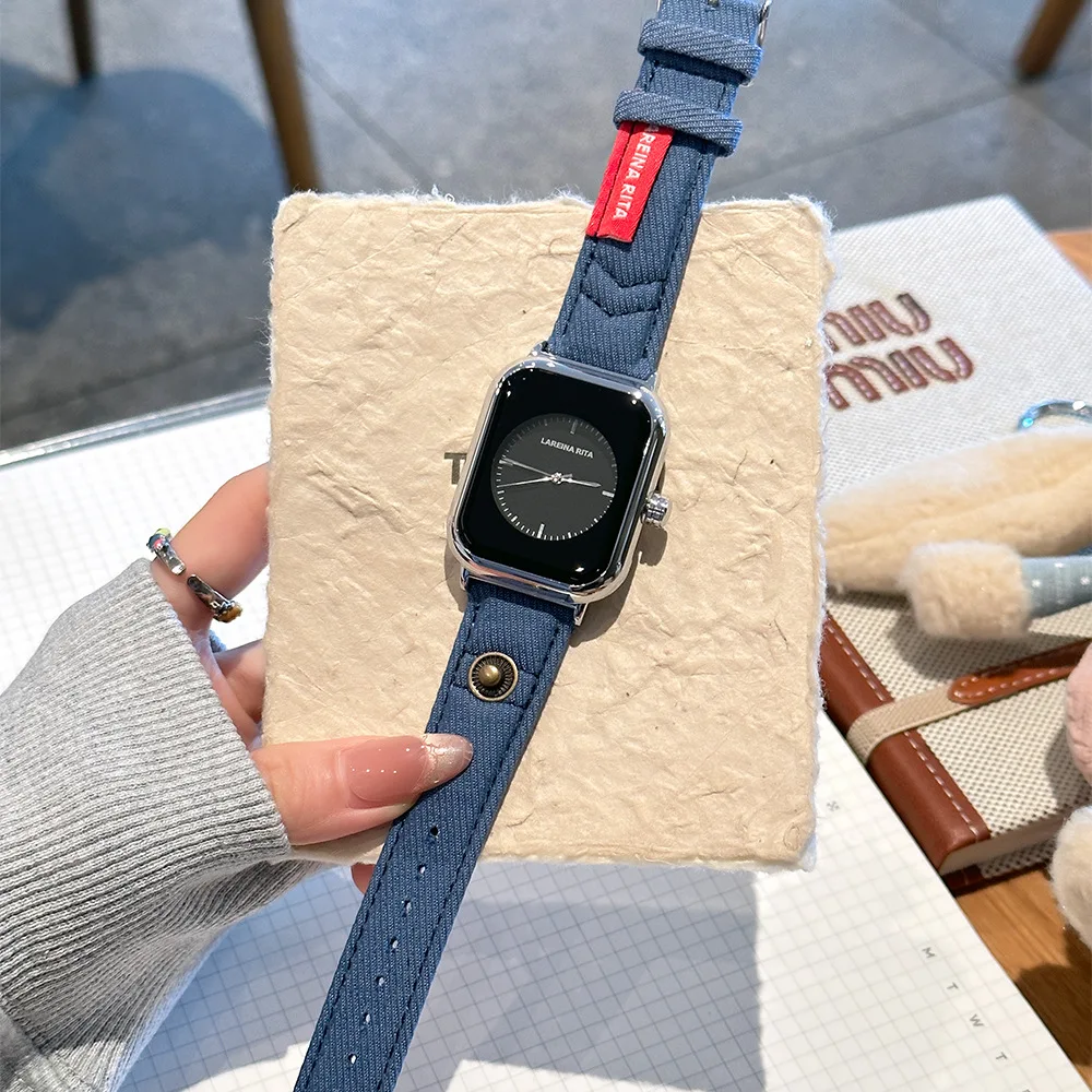 New Stylish Square Watch With Denim Canvas Strap, Couple'S Quartz Watch, Unisex, Fashionable Quartz Wristwatch, Couple'S Watch.