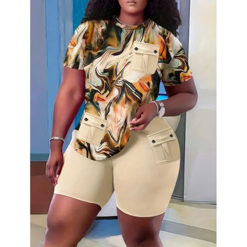 

Cross-Border New Sle Fading Print ket Patchwork Suit Fabric Needle Casual Sport Suit Men's Clothing ort Pants Seven-Qu...