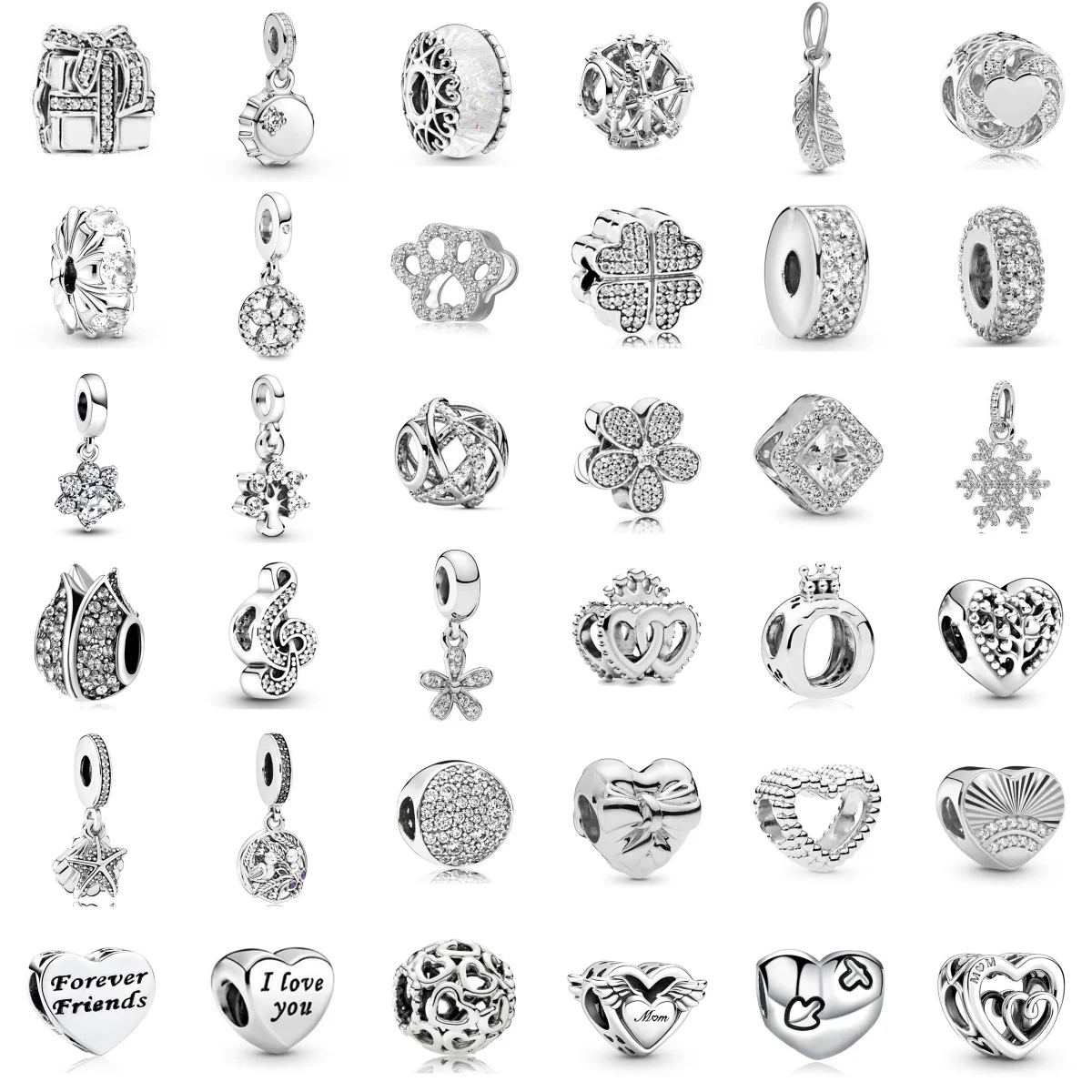 2024 Classic Silver Plated Pendants Heart Diamond Charm Beads For Women Fashion DIY Bracelet Necklace Jewelry Accessories Gifts