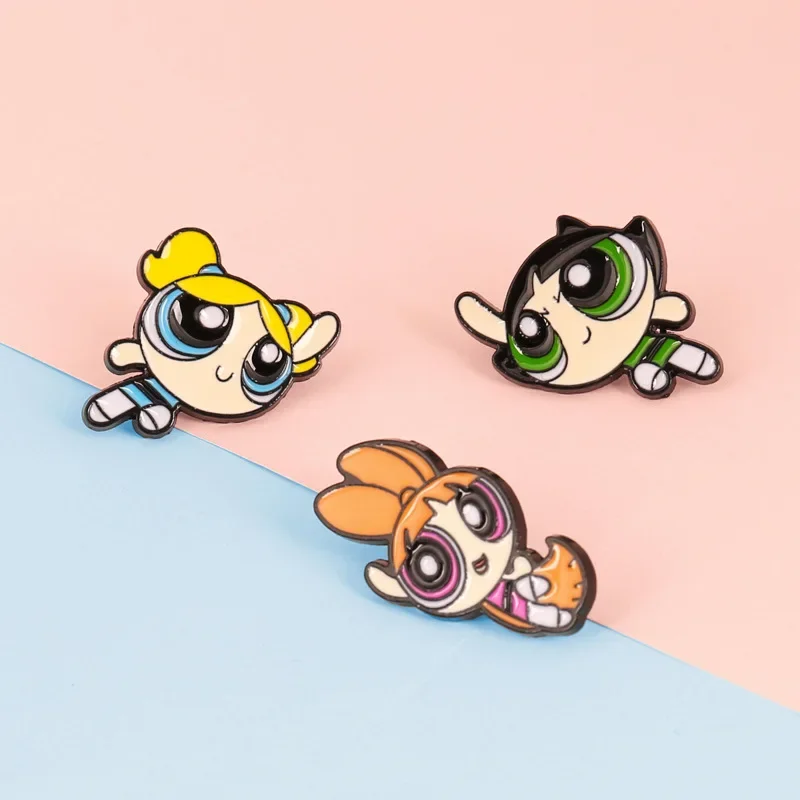 Powerpuff Girls-Épingles en émail pour femmes, broche en métal de dessin animé, badges d'anime, sacs à dos de mode mignons, accessoire de bijoux, cadeau