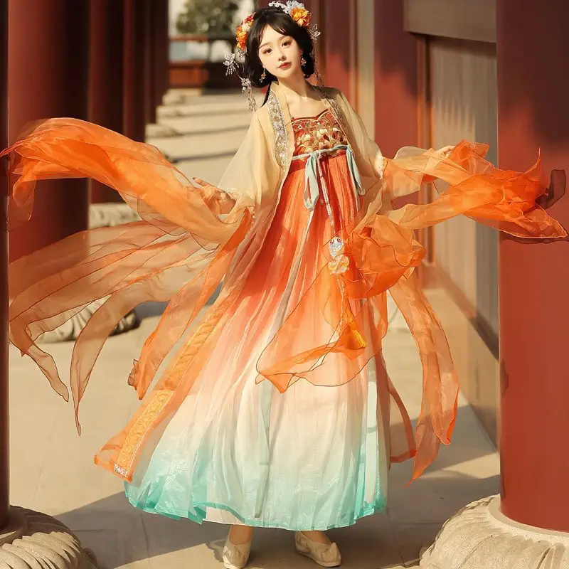 Chinese Hanfu Dress Women Cosplay Costume Party Outfit Ancient Chinese Tang Dynasty Hanfu Gradient Orange Dress Tang Suit