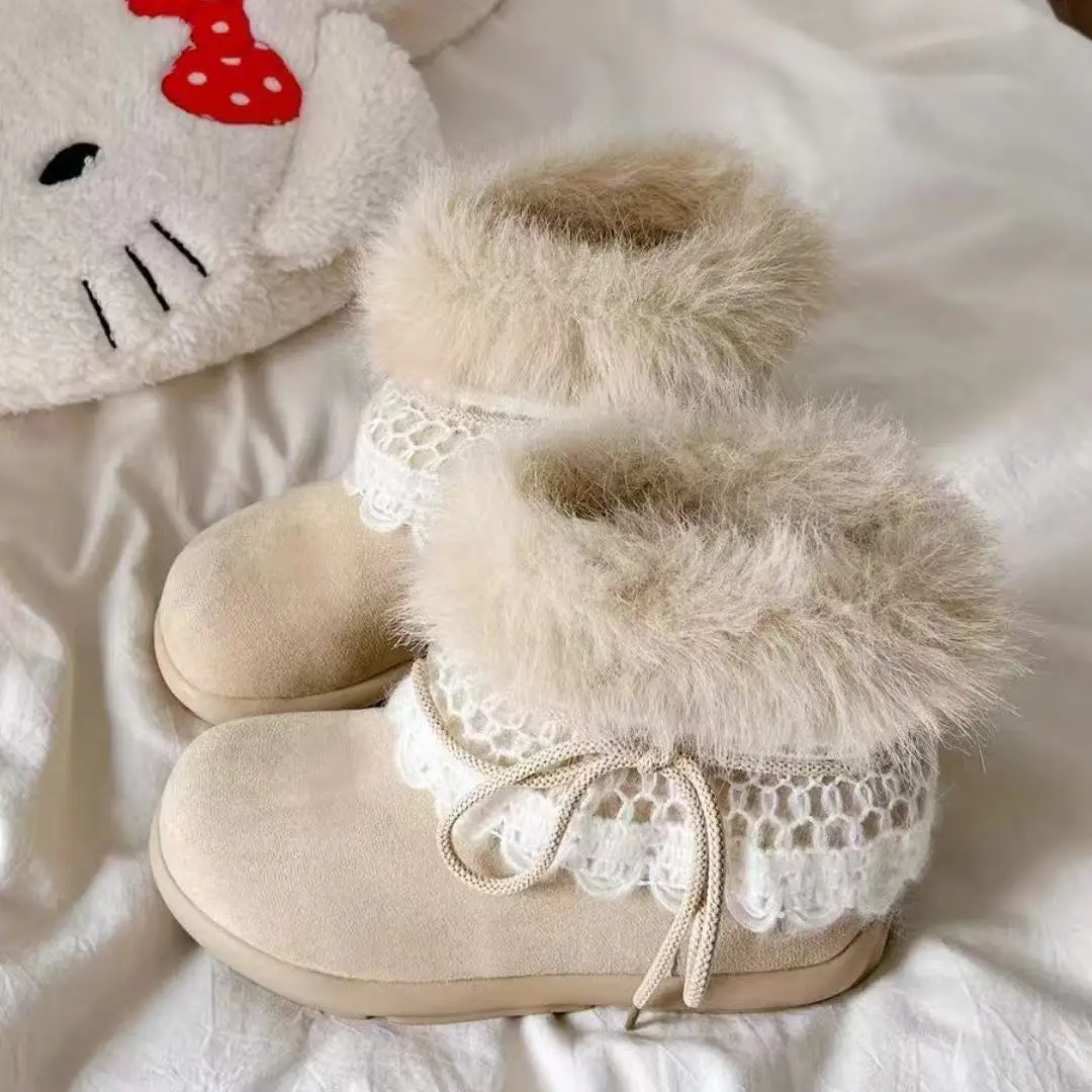 

Winter Thick Soled Plush Midsole Women's Snow Boots Round Toe Thickened Warm Lace Ankle Boots Outdoor Cold Proof Cotton Shoes