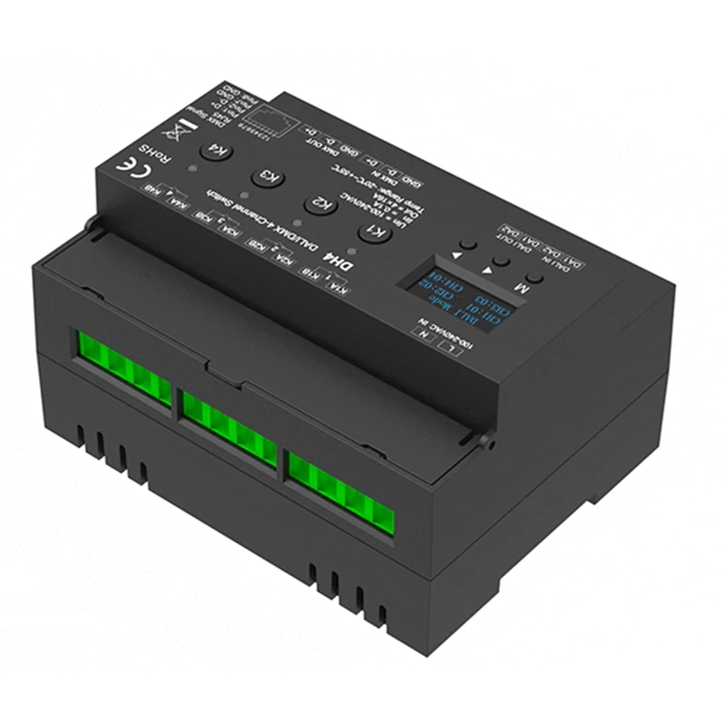 For DMX 4-Channel Switch With OLED Display Screen Relay 4CH Dry Contact Output 4 Address DMX-RDM Din Rail 100-240VAC