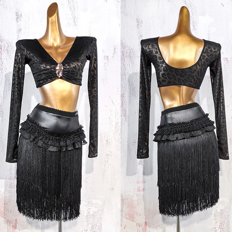 

Women'S Chacha Latin Dance Competition Costume Adults Samba Latin Dance Clothing Leopard Top Fringed Skirts Stage Suit XS10904