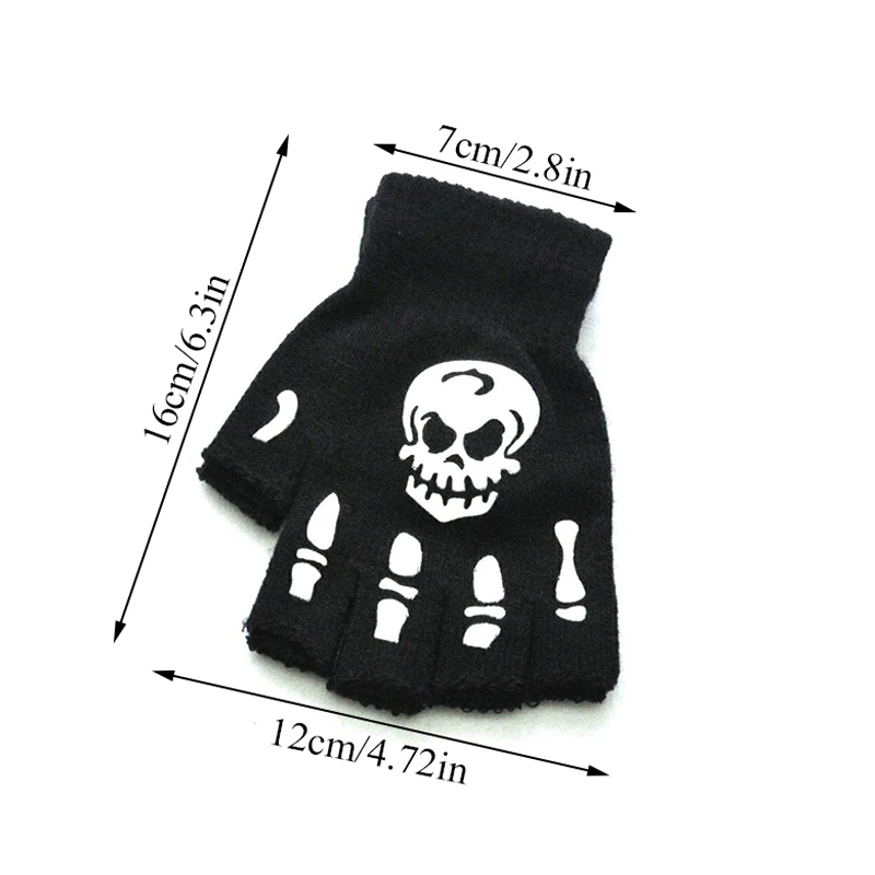 New Adult Cosplay Halloween Skeleton Skull Half Finger Punk Gloves Luminous Claw Print Antumn Winter Warm Knitted Gloves