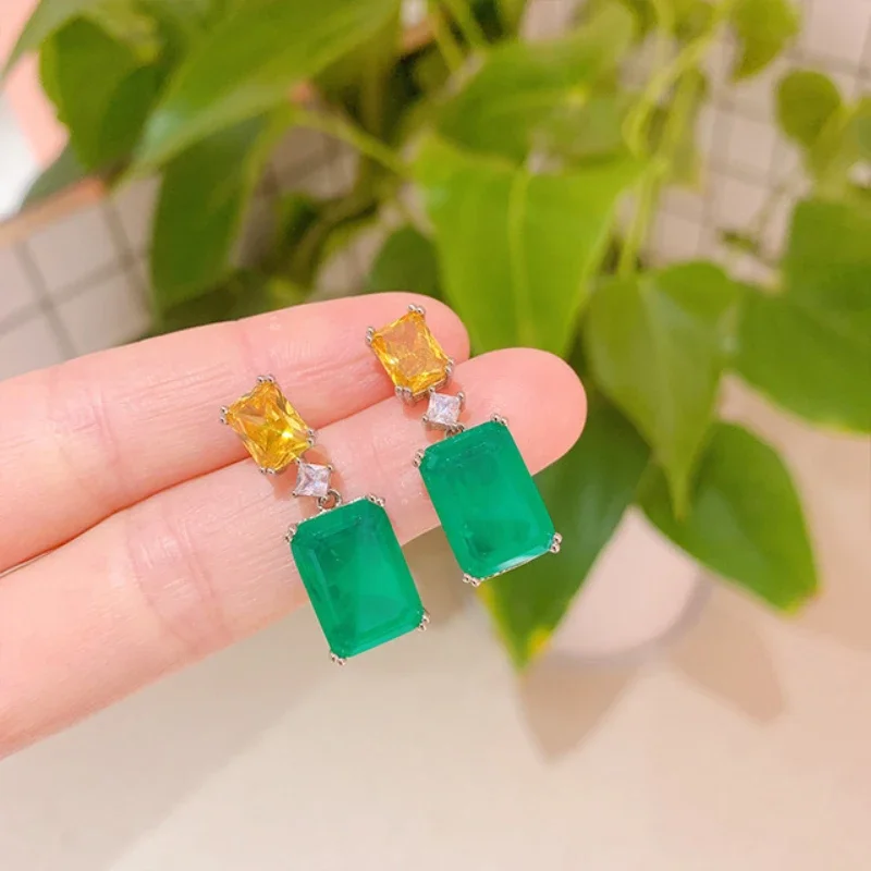 Silver 925 Simple fashion Paraiba gemstone Ear Studs Vintage Style Green Blue Gem Square Earrings for Women Party Jewelry view 4