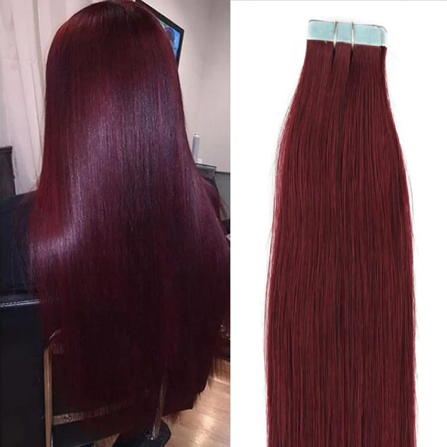 Fita Remy em extensões de cabelo, vinho escuro, cabelo humano, dupla face, pele sem costura, trama, seda reta, cabelo Remy, # 99j