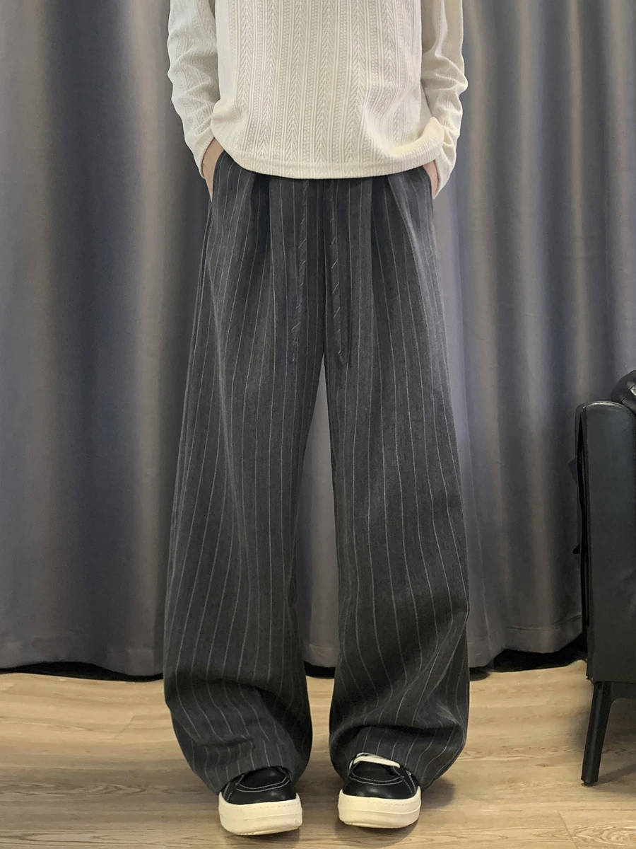 

Color Blo Casual Pants Men's Loose Dstring Straight Leg Pants Wrinkles Wide Leg Long Trousers Vintage Sle Autumn Faion