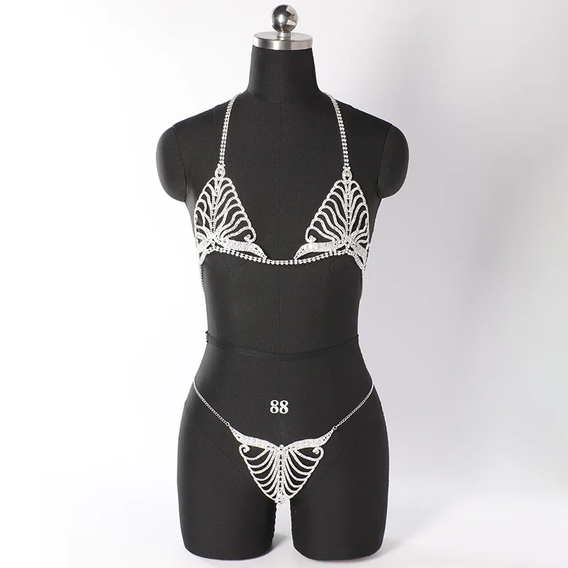 Sexy Gitter BH und Unterwäsche Set Nachtclub Party Prom Body Chain Set hohlen funkelnden Kristall Dessous Schmuck