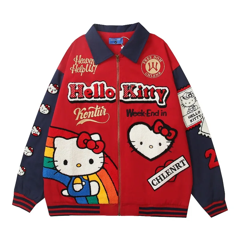 

Куртка Sanrio Hello Kitty в стиле ретро — пальто для пар с мультяшной вышивкой, унисекс, свободное модное пальто большого размера на осень-зиму