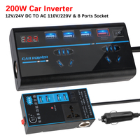 QC 3.0 Car Inverter DC 12V/24V to AC 110V/220V Converter 8 Ports Sockets ON/OFF Switch Power Adapter USB/PD/Type-C Chargers 200W