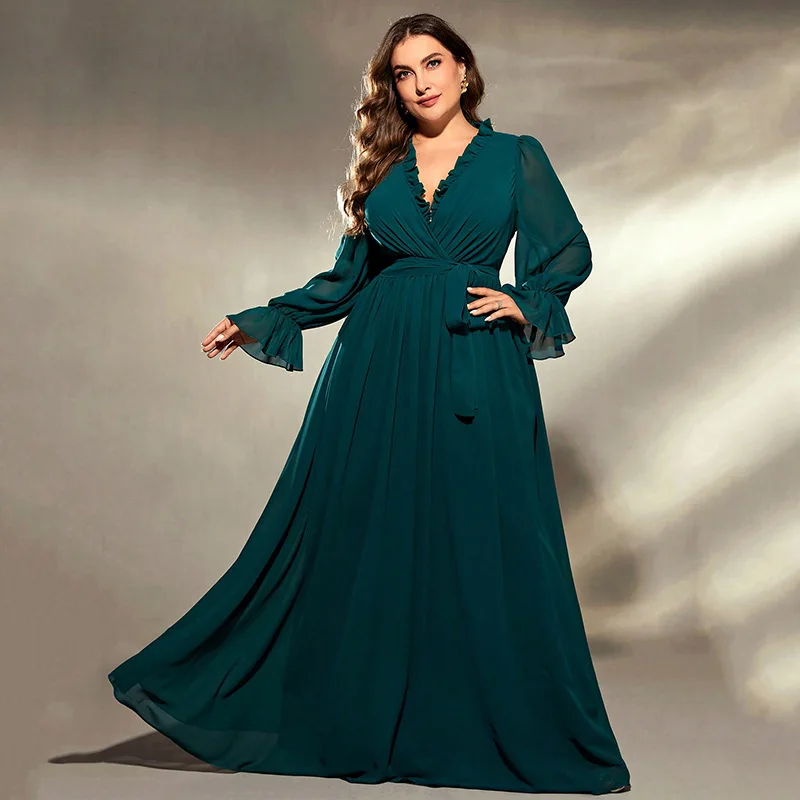 Elegant V-neck Ruffles Ruched Lace Up Chiffon Long Formal Evening Plus Size Dress Green With Long Sleeves