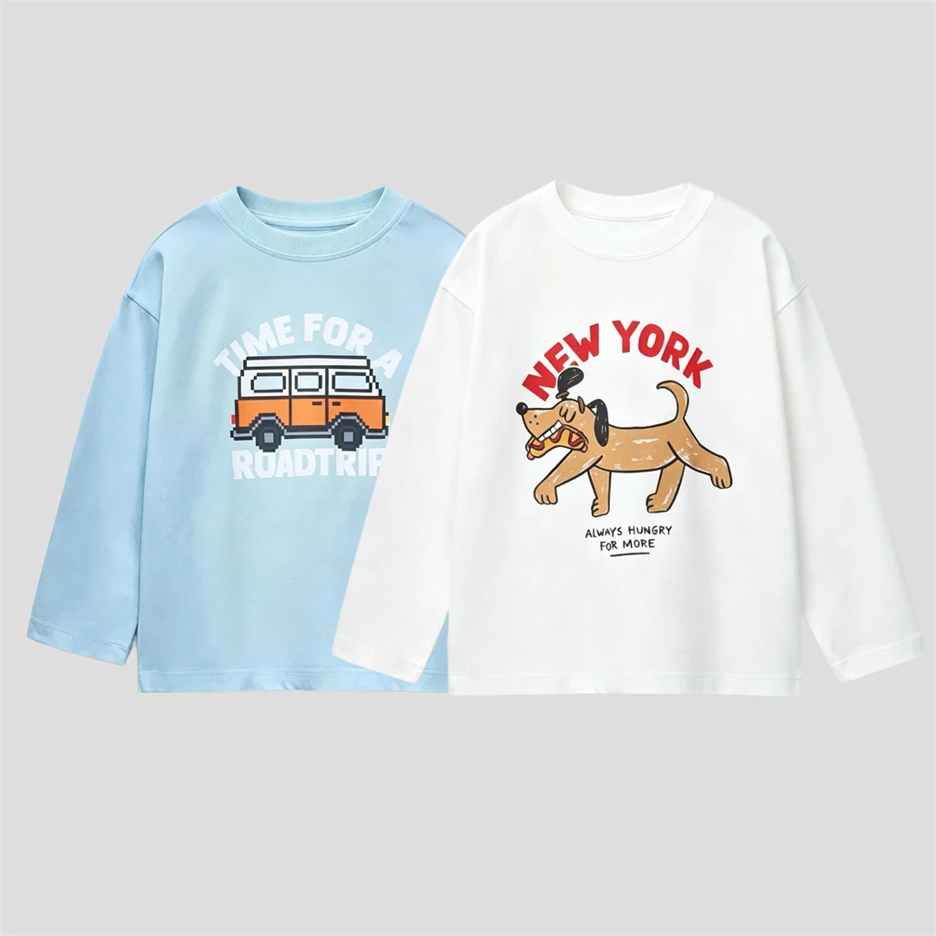 White Blue T Shirt Children Pure Cotton Thin Clothes Cartoon Animals Print Tees Kids Fashion Casual Wear Crewneck Pullovers