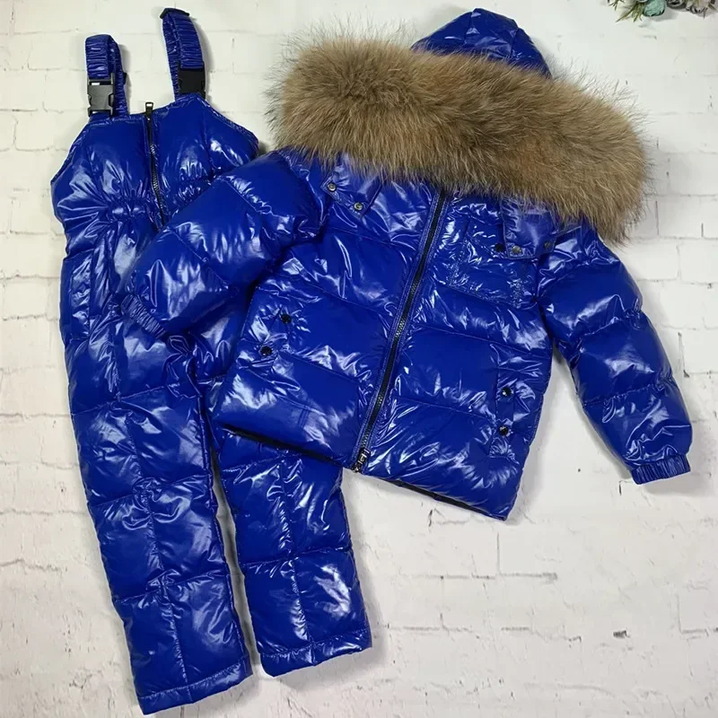 2024 Children Clothes Set Thick Warm Boys Down Jacket Overalls 2pcs Winter Clothes for Girls Real Raccoon Fur Baby Snow Suits