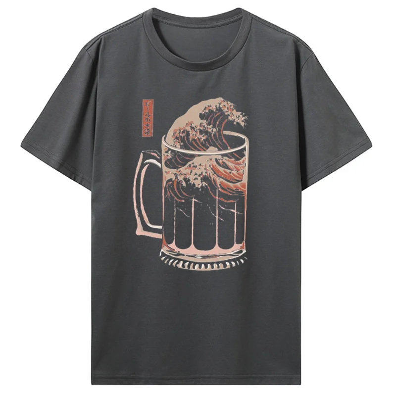 Men unk Alcohol inking Vintage Cotton Tees Short Sleeve T Shirt Funny Tees Tops The Great Wave Of Week  Beer T-Shirt