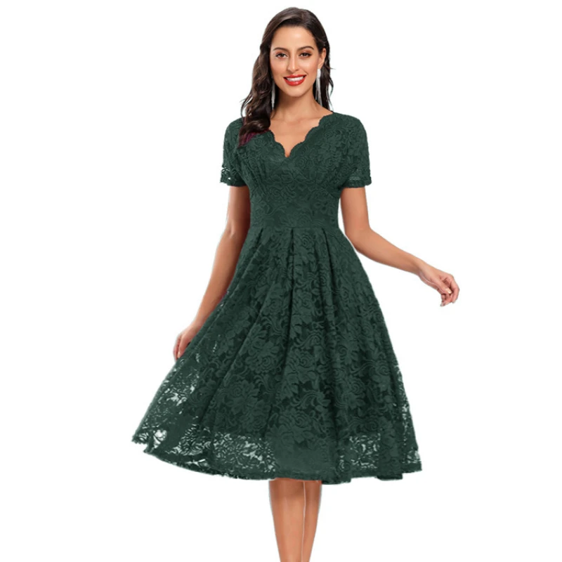 

Elegant Lace V-neck Short Sleeves Knee Length Dress
