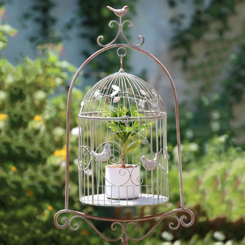 Wrought iron bird cage flower stand courtyard outdoor display storage flower pot stand old white bird cage flower table crafts