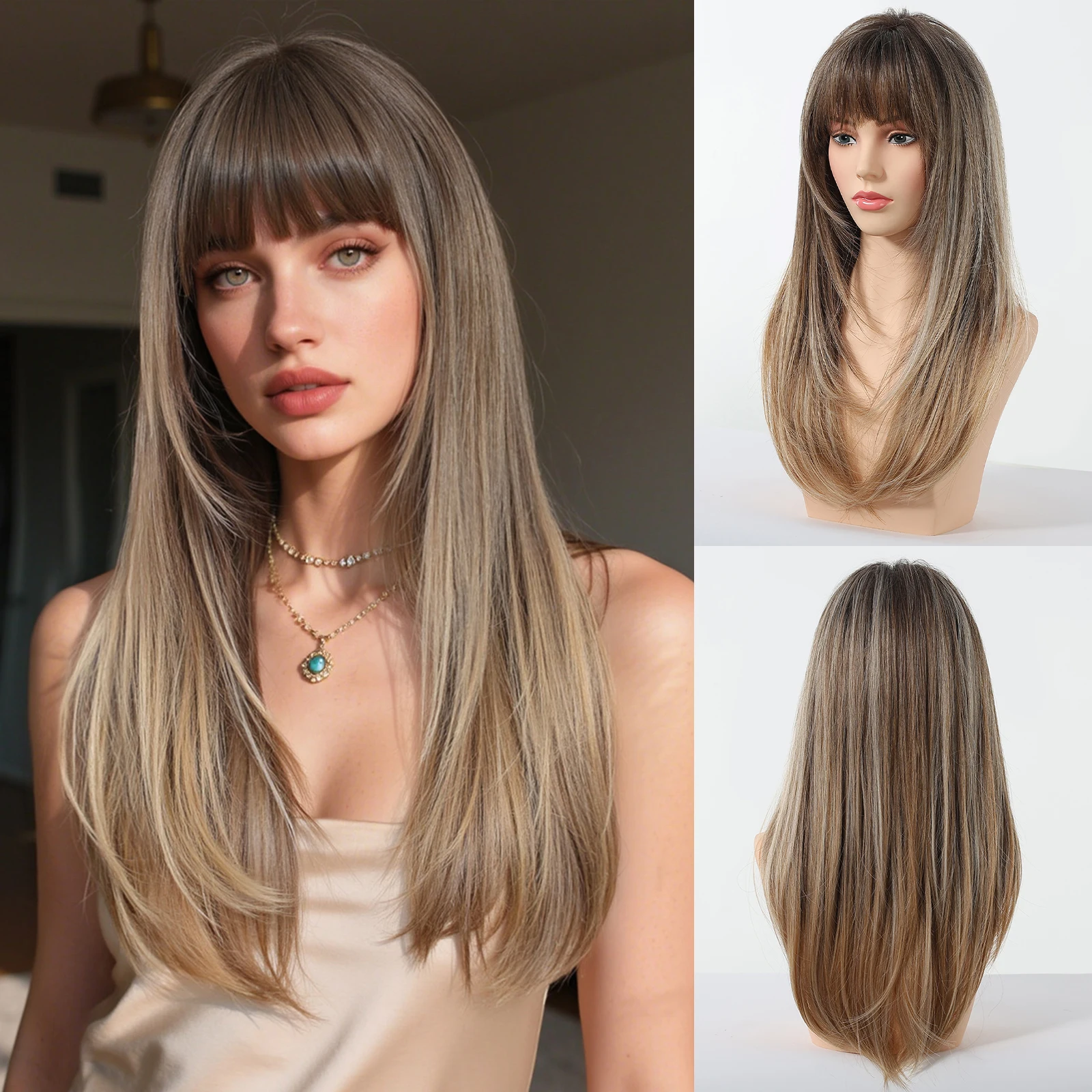 

EASIHAIR Women Synthetic Wigs Long Brown Ombre Blonde Layered Hair Straight Wigs with Curtain Bangs Natural Hair for Daily Use
