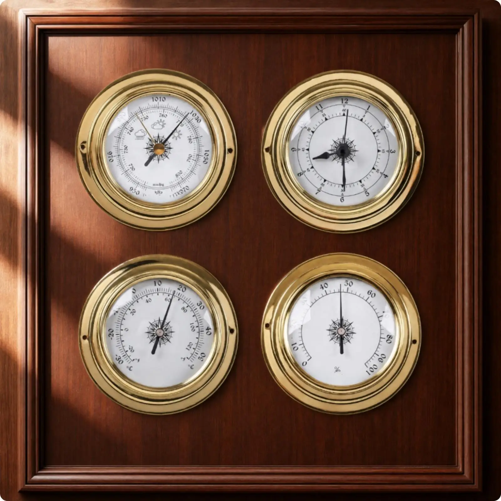 Analog Barometer Clock Weather Station Set Metal Housing 4 Gauges Temperature Humidity Pressure Time Monitor for Cabin Boat
