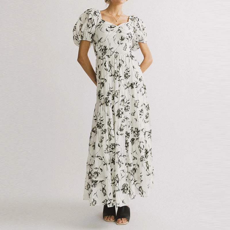 Mulheres verão gola quadrada vestido de férias 2025 chique floral impressão feminino vestido longo francês elegante puff manga balanço a linha vestido