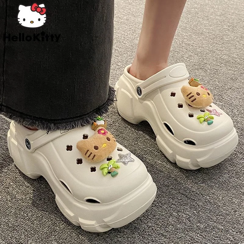 Sanrio Hawaii Hello Kitty Platform Shoes Female Luxury Design High Heel Slippers Y2k Women Fashion Sandals With Shoe Accessories