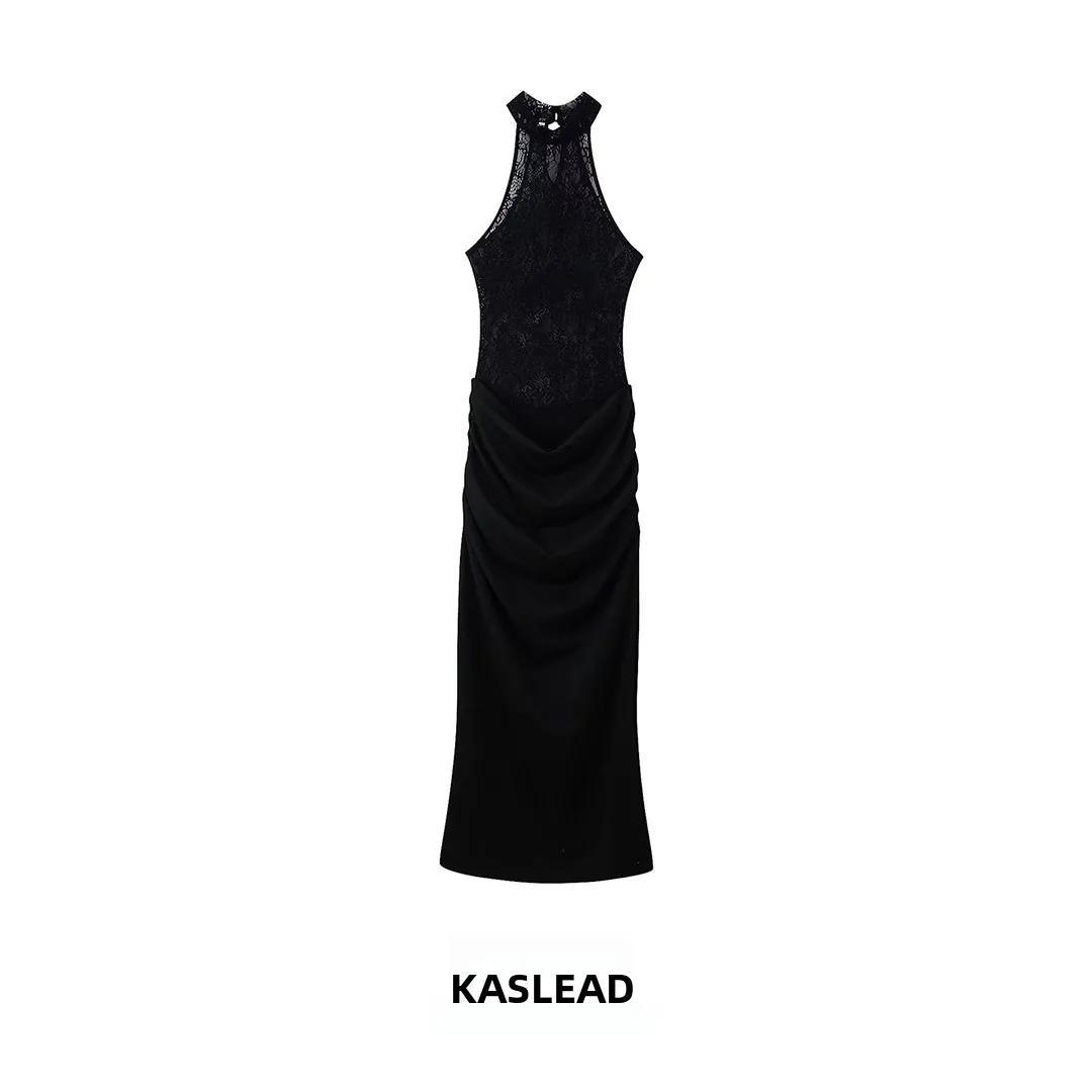 KASLEAD New Women's Fashion Slim Fit Long Knitted Dress Lace Splicing Neck Hanging Straight Tube Dress City Commuting Dress