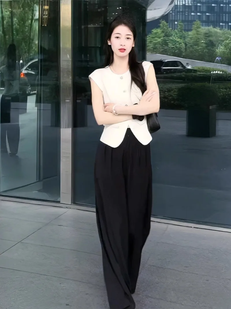 New High Quality Temperament Summer Two Piece Set Women Elegant O-neck Sleeveless Vest Coat Top + Casual Wide Leg Pants Suits