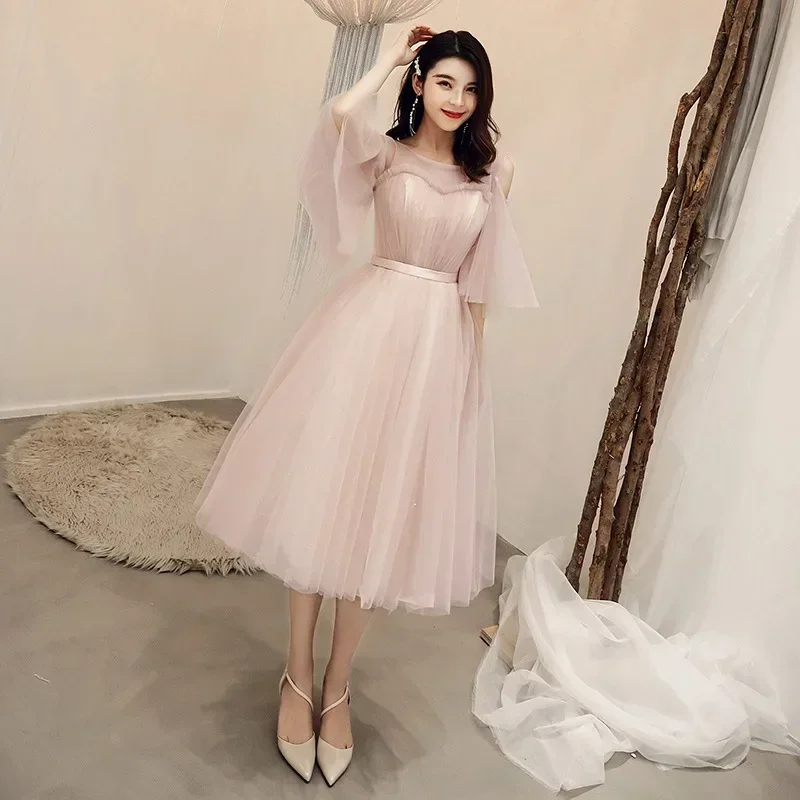 Itu Yiiya disesuaikan pengiring pengantin gaun Pink Tulle lengan pendek A-line Vestidos Tea-Length Plus ukuran wanita pesta gaun Formal R285