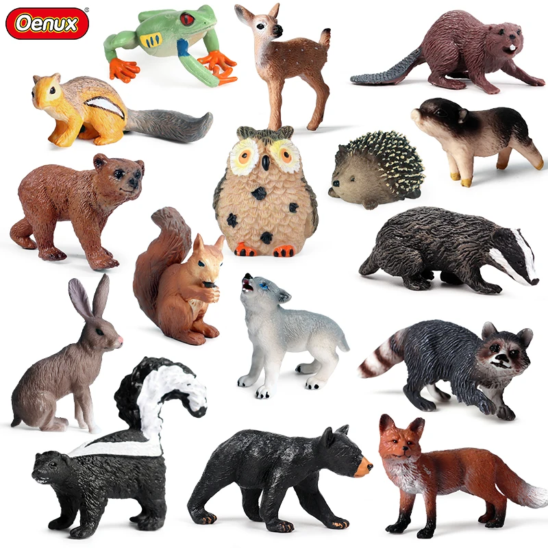 

Oenux Forest Wild Animals Owl Squirrel Frog Wolf Action Figure Model Figurines Miniature Cake Toppers Educational Toy Kids Gift