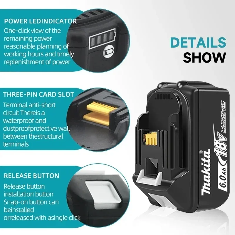 Original Makita 18V Battery Rechargeable Power Tool Makita 18V Battery, Replaceable 5Ah/6Ah Battery Lithium-ion, 1850 BL1860B 6A