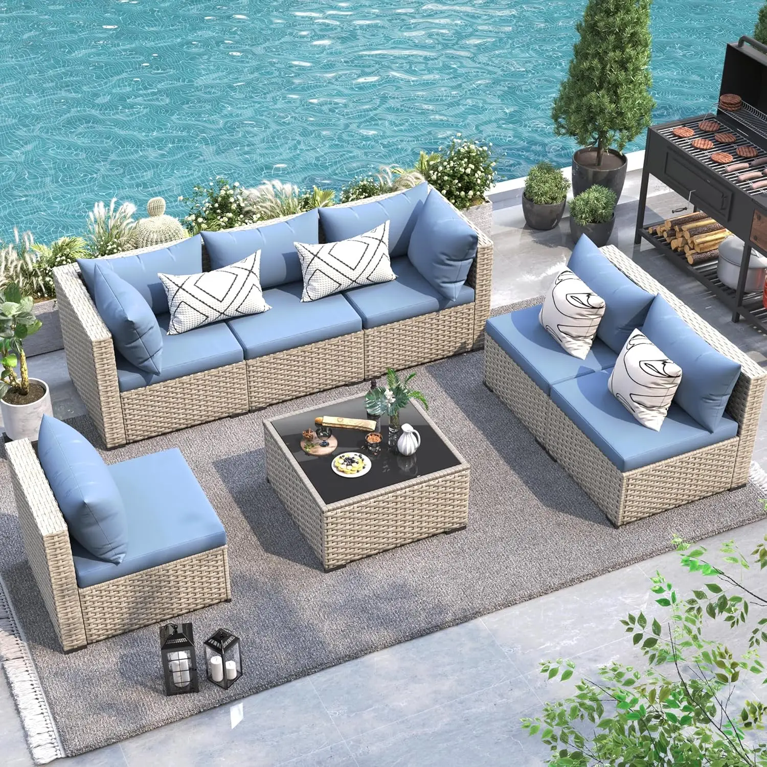 

Patio Furniture Set Outdoor Modular Sectional Sofa Set 7 Piece Wicker Rattan Conversation Patio Couch for Porch Garden Backyard