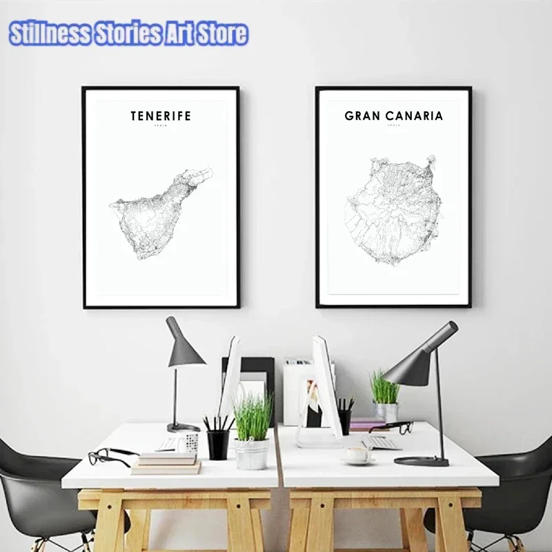 Spain Map Art Poster Gran Canaria & Tenerife Map Print Modern Canvas Painting Wall Pictures Nursery Office Room Home Decorati