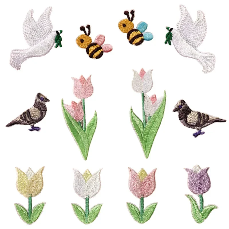 Cartoon Little Bee Embroidery Cloth Sticker Pigeon Dove of Peace Decorative Appliques Tulips Floral Stick-on Badges for Clothing