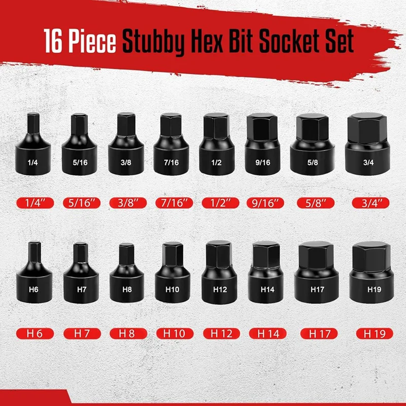 DT16 16-Piece Hex Bit Socket Set 3/8 Drive Low Profile Impact Hex Driver Set CR-MO SAE/Metric 1/4-3/4 6-19mm