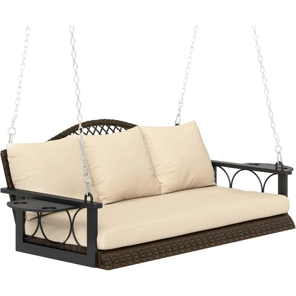 

3 Person Wicker Porch Swing Chair Heavy Duty 800 LBS with Cup Holder, Swing Bench Cushions and Chains for Garden, Backyard