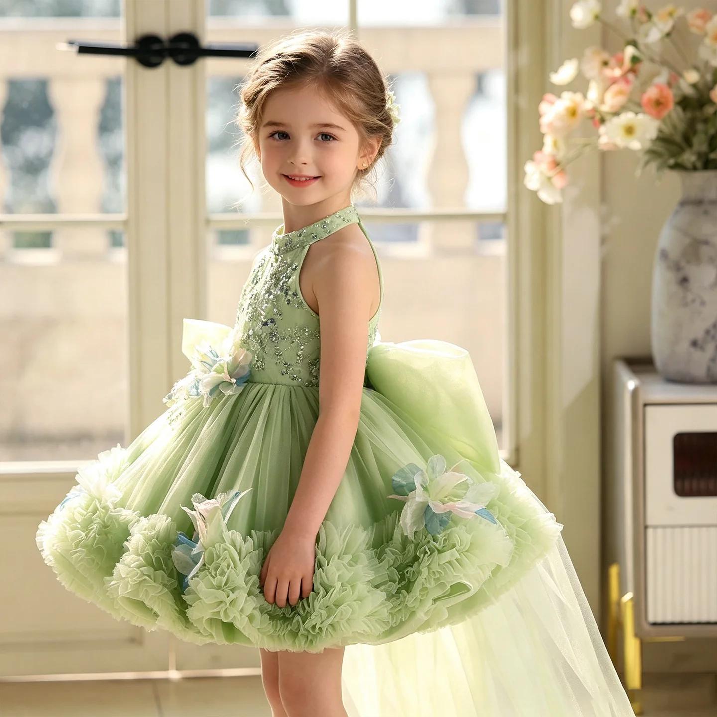 Princess Dress Girls' Birthday Evening Dress Children's Host Light Luxury Niche Piano Playing Tousled Performance Dress