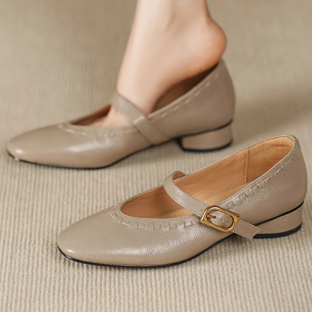 

danxuefei women's sheepskin round toe metal buckle slip-on Mary Jane flats 3cm thick low heel elegant ladies daily casual shoes