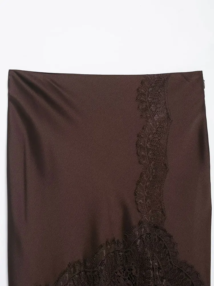 กระโปรงยาวทรงเอวสูงผ้าซาตินแต่งลูกไม้สีพื้นสำหรับผู้หญิงแฟชั่นฤดูใบไม้ร่วงปี 2025 สไตล์หรูหราสำหรับงานปาร์ตี้ Y2K