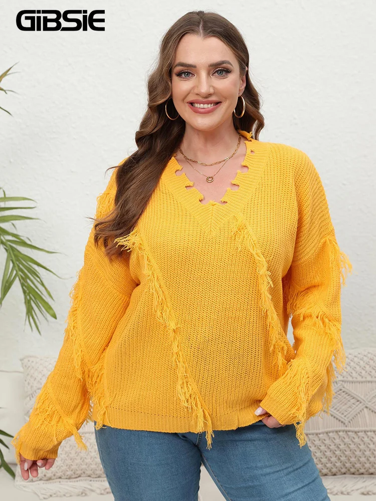 GIBSIE-pulôver feminino de malha com gola V, suéter casual, moda outono, inverno, tops de salto de malha borla, plus size, 2023