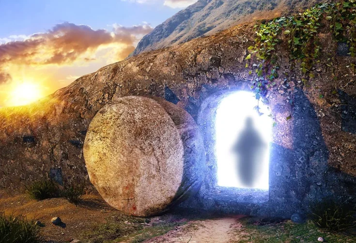 Resurrection of Jesus Easter Backdrop Sunrise Shabby Grave Stone Door Remote Three Crucifixs Rebirth of Jesus Bible Story Church