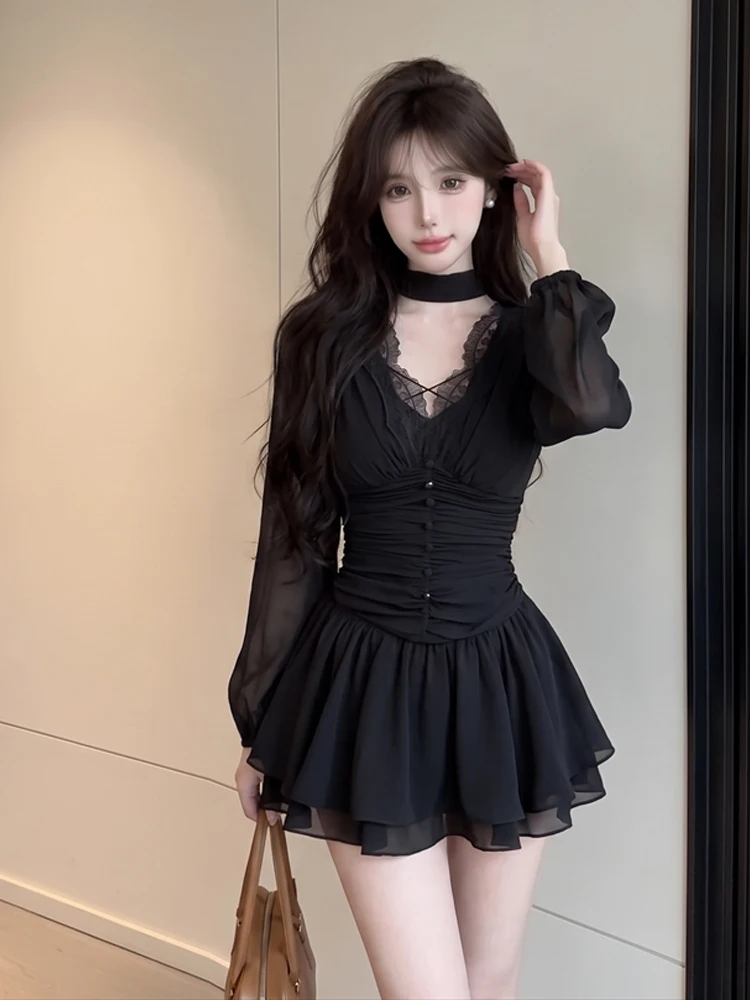 Pure Desire Lace V-neck Long Sleeve Shirt Short Skirt Set Cake Waist Cinching Fashionable Women's Two-piece Summer Outfit