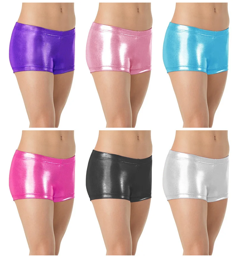 Pantalones cortos de LICRA para niños y niñas, Shorts metálicos brillantes de color negro, dorado, rosa, morado y verde, gran oferta