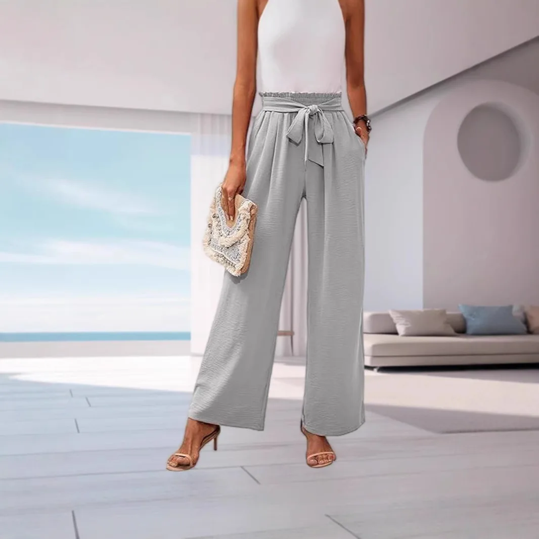2025 Venta caliente pantalones para mujer Color sólido moda arco cinturón temperamento bolsillo alta cintura ancha pantalones de mujer