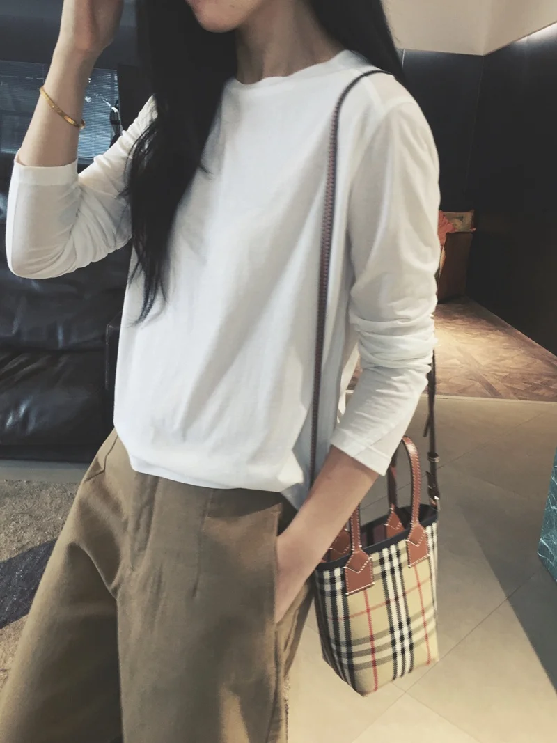 

Cuijia High-Mileage Long-Staple Хлопковая круглая футболка свободного кроя Long Sve Base Удобный дышащий женский повседневный топ