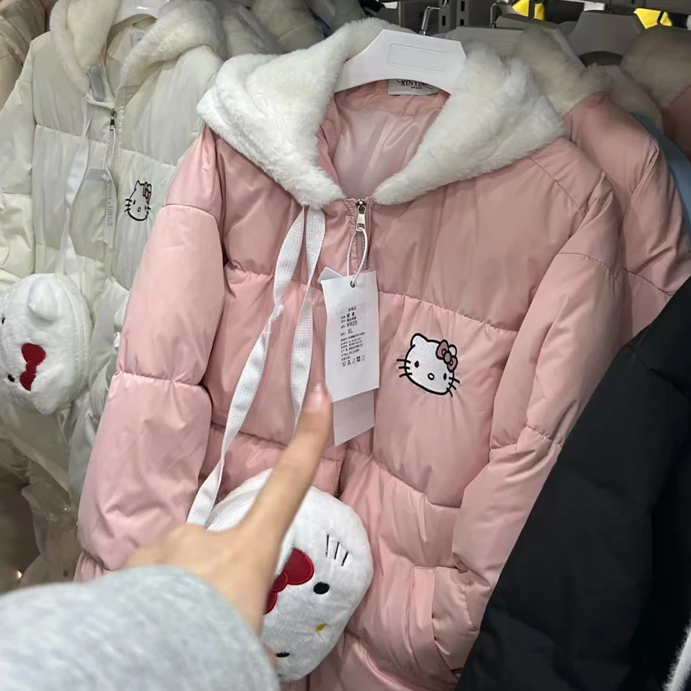 

Cartoon Winter New Women Cotton-Padded Jacket Hello Kitty Cute Plush Thick Hooded Coat Women Blue Y2K Cotton Warm Student Jacket