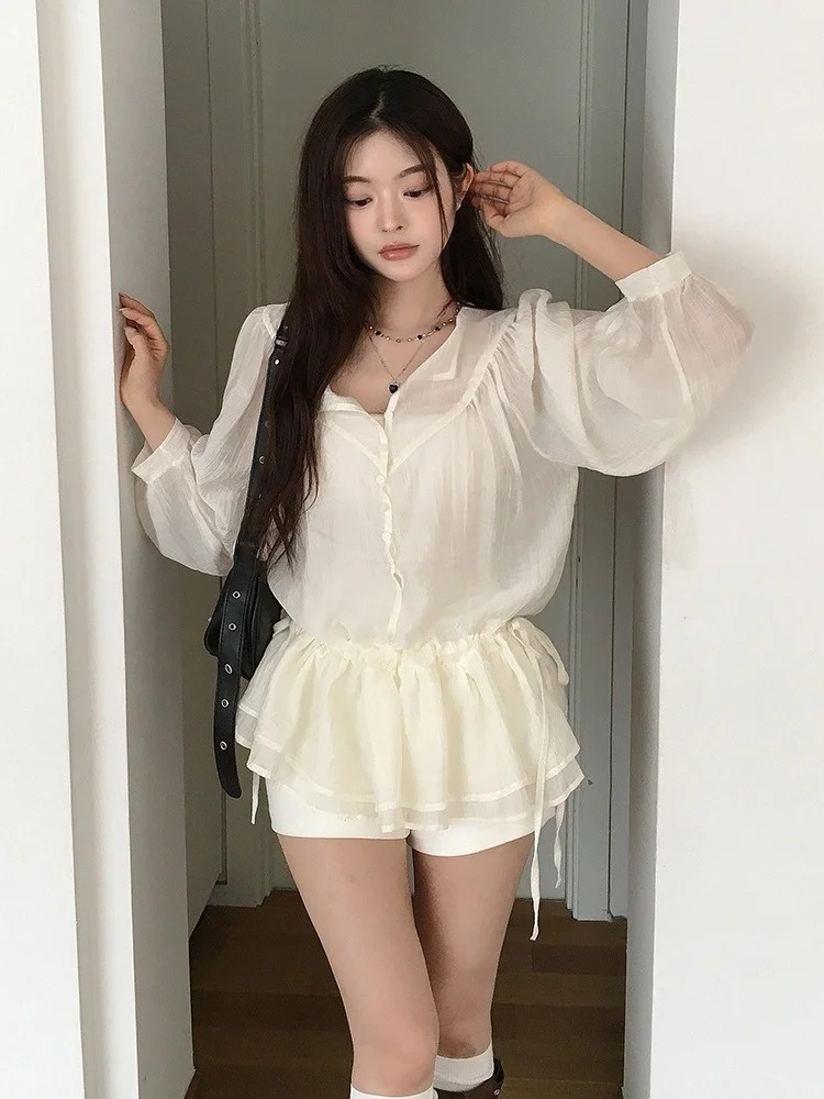 

Korean Style Women's Shirt Spring 2026 Belted Tie Design Elegant Super Fairy Atmosphere Beautiful Top Long Sleeve Non-Shrinkage